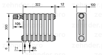Схема (чертеж) Радиатор Zehnder Charleston 3030/7 №V001 Белый глянцевый RAL 9016